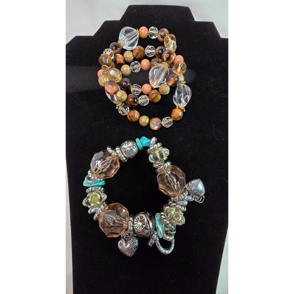 Chunky Silver Tone Glass & Turquoise Colored Chip Stretch Bracelet Bundle Boho